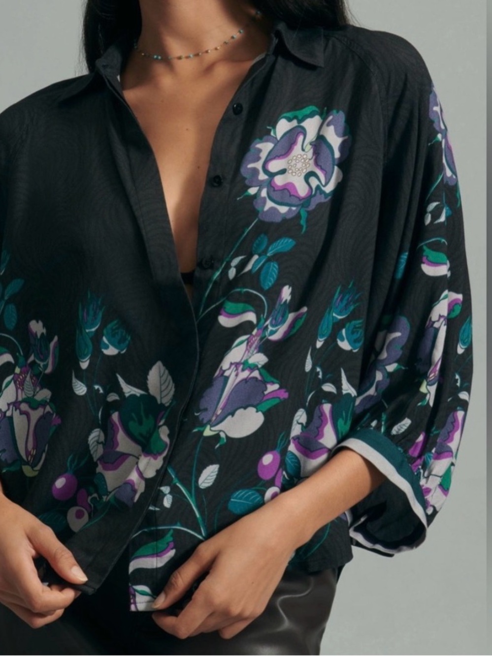 Black Floral Bl^nk London Button-Front Blouse with Purple & Teal Accents